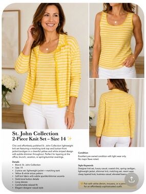 St. John Collection Yellow & White Striped Knit Tank and Cardigan Set, size 14